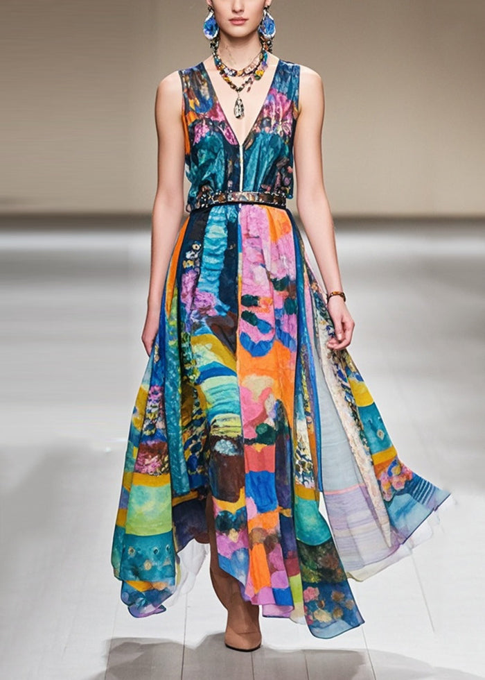 Elegant Cinched Print Exra Large Hem Chiffon Dresses Sleeveless