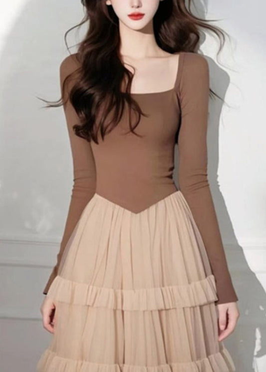 Elegant Coffee Square Collar Tulle Patchwork Long Cake Dress Spring