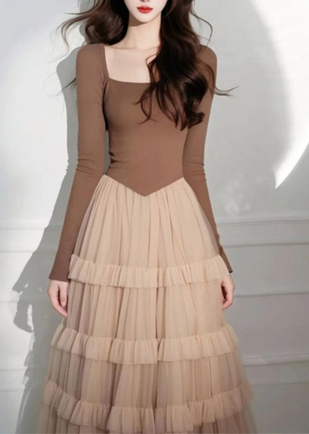 Elegant Coffee Square Collar Tulle Patchwork Long Cake Dress Spring
