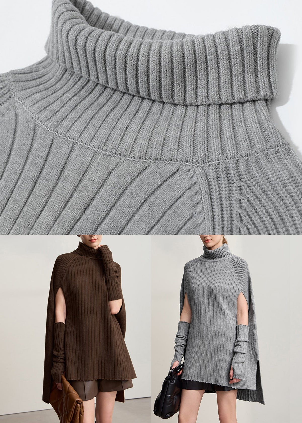 Elegant Coffee Turtleneck Patchwork Cotton Knit Sweater Tops Long Sleeve