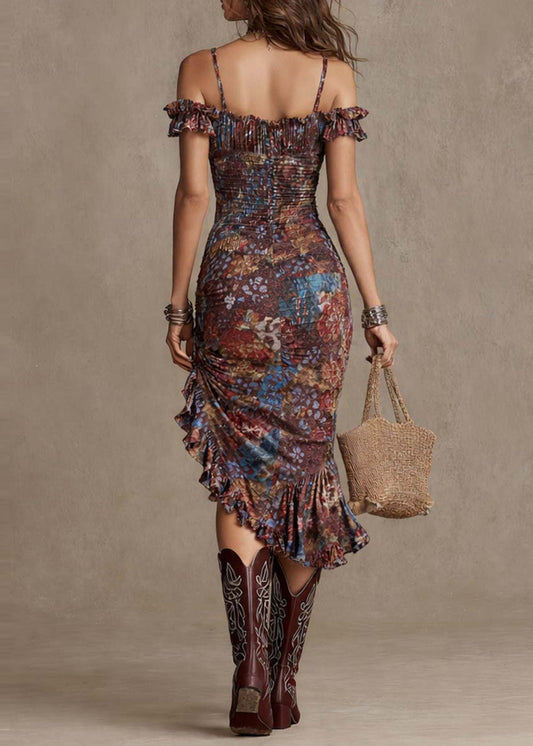 Elegant Cold Shoulder Ruffled Asymmetrical Design Print Cotton Long Dress Summer