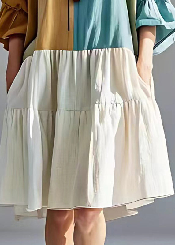 Elegant Colorblock Oversized Patchwork Cotton Pleated Dresses Summer