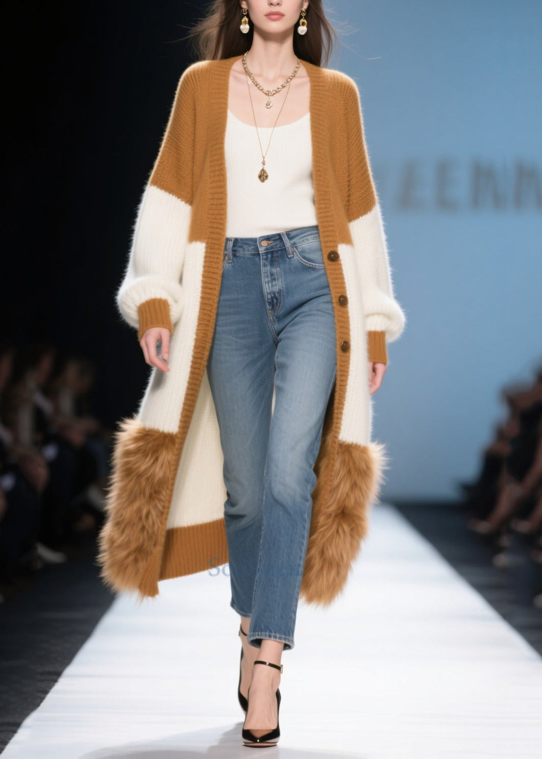 Elegant Colorblock Oversized Patchwork Faux Fur Knit Long Cardigans Winter