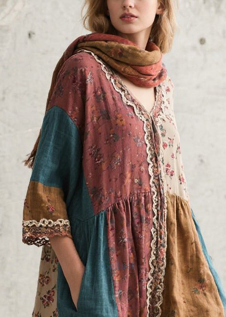 Elegant Colorblock Oversized Patchwork Print Cotton Dresses Summer