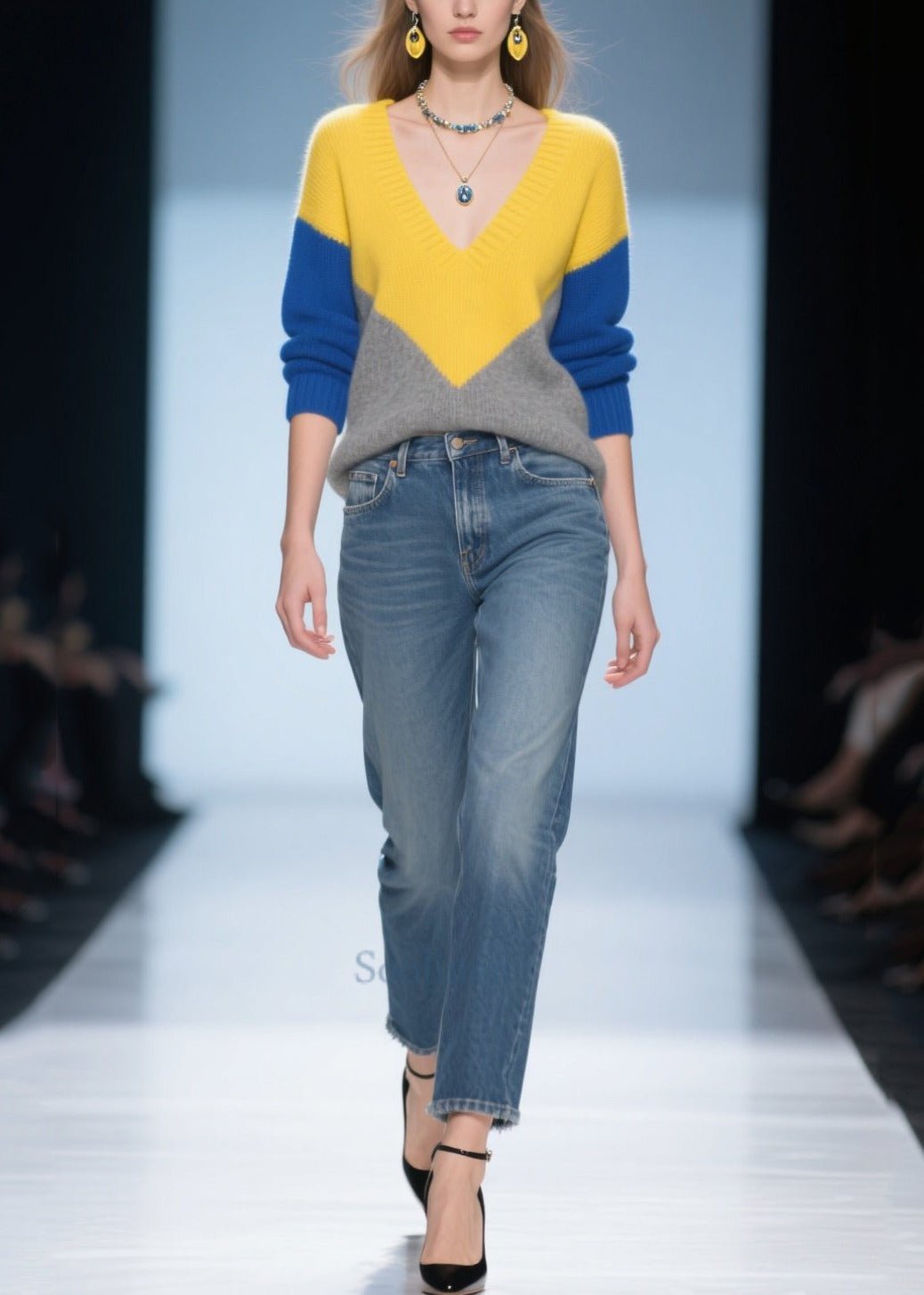 Elegant Colorblock V Neck Patchwork Warm Sweater Tops Winter