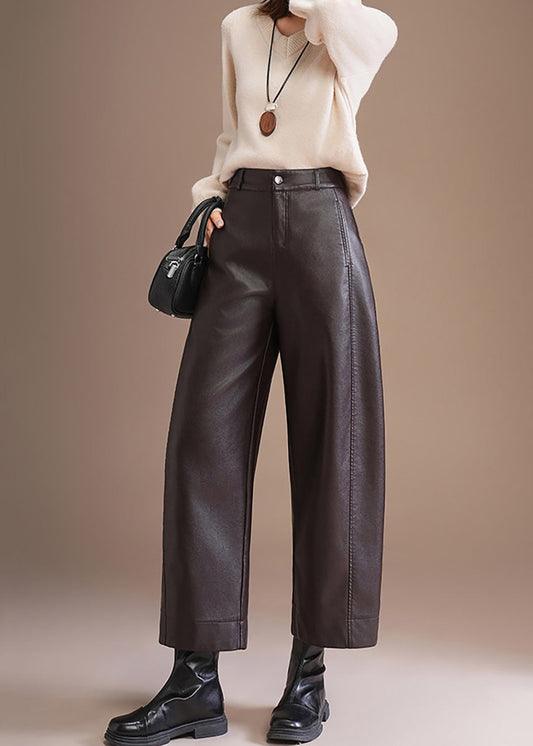 Elegant Dark Coffee Pockets High Waist Faux Leather Straight Leg Crop Pants Fall