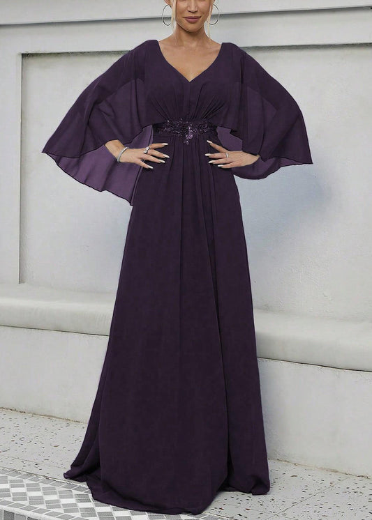 Elegant Dark Purple Sequins High Waist Maxi Dress Batwing Sleeve