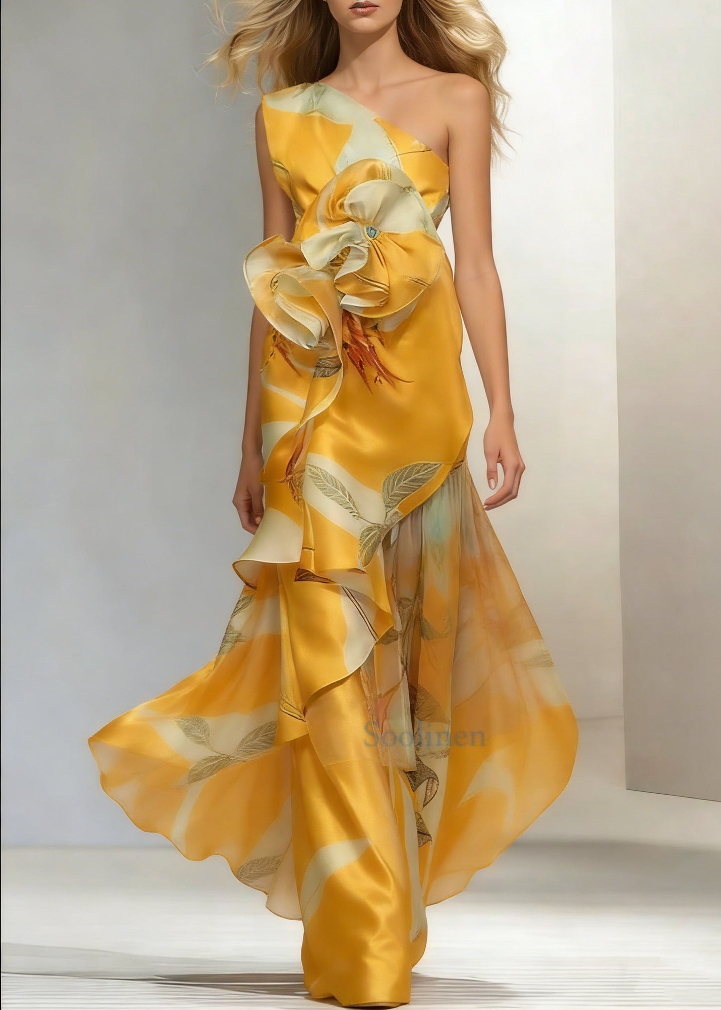 Elegant Floral Flounce Oblique Collar Evening Dresses
