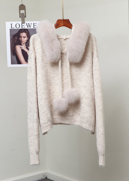 Elegant Fox Collar Fuzzy Ball Decorated Warm Knit Sweater Winter