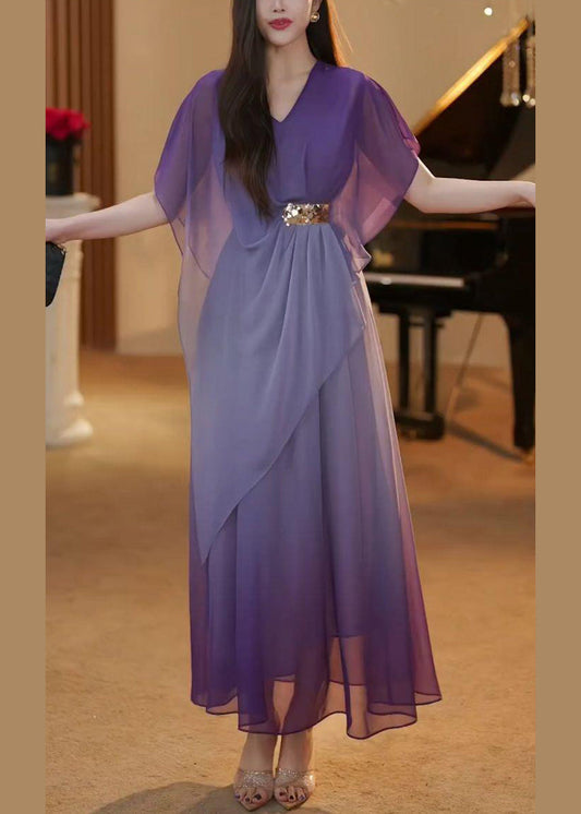 Elegant Gradient Color Asymmetrical High Waist Chiffon Long Dress Summer