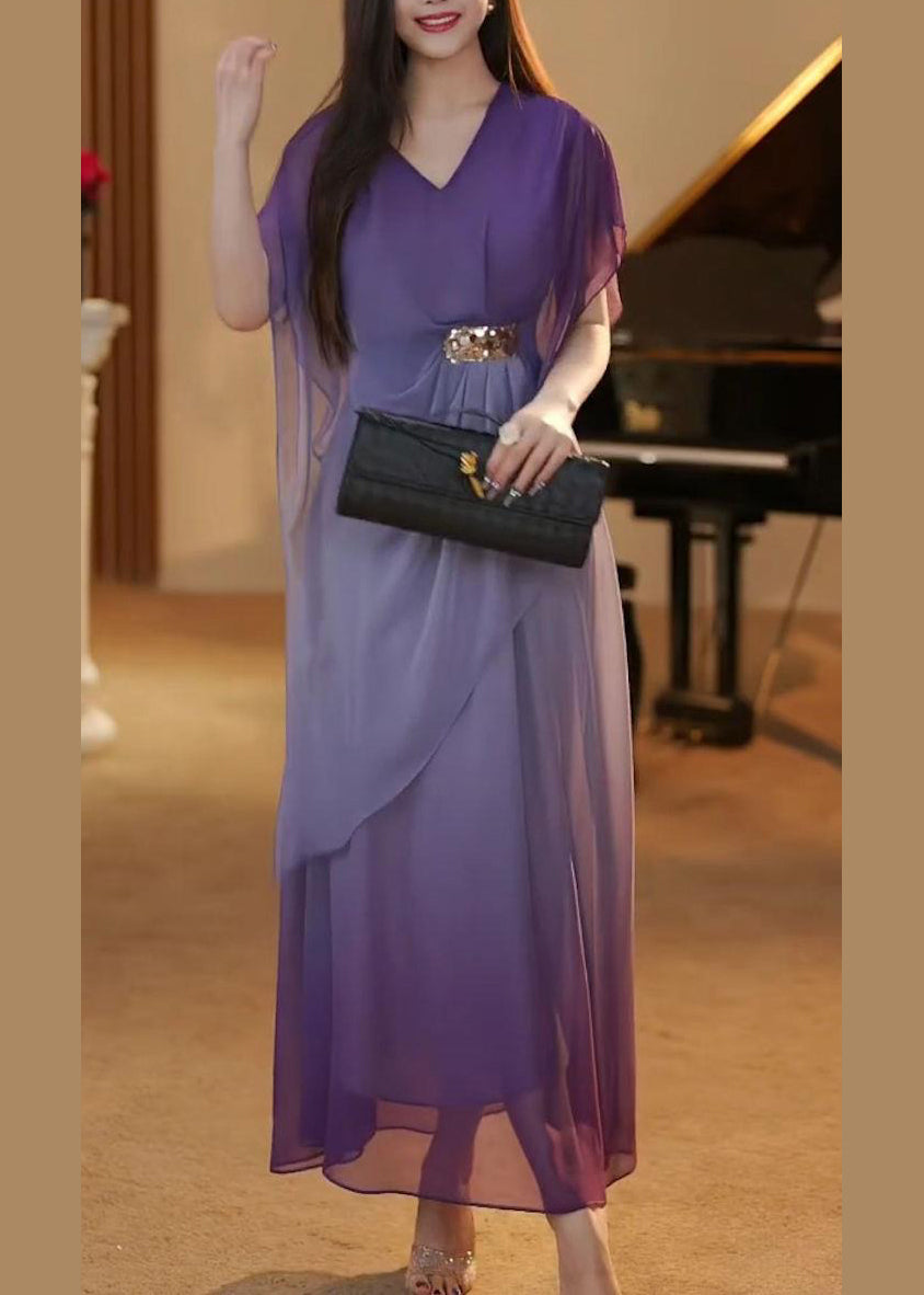 Elegant Gradient Color Asymmetrical High Waist Chiffon Long Dress Summer