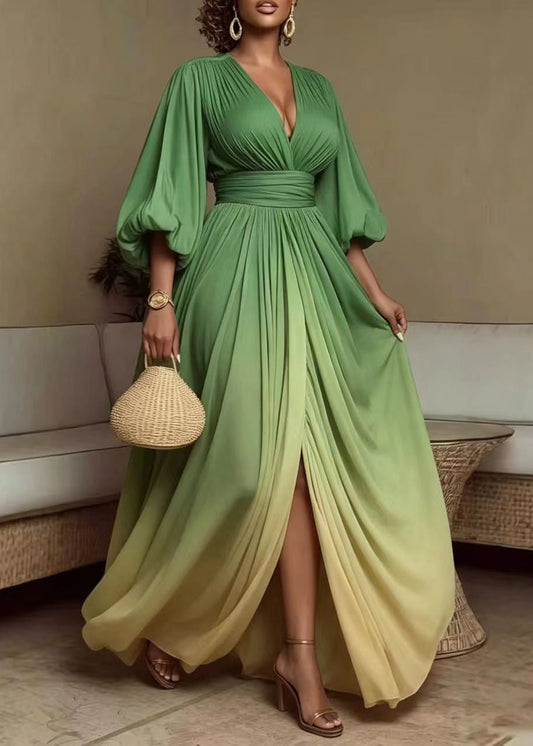 Elegant Gradient Color Green Asymmetrical Dress Puff Sleeve