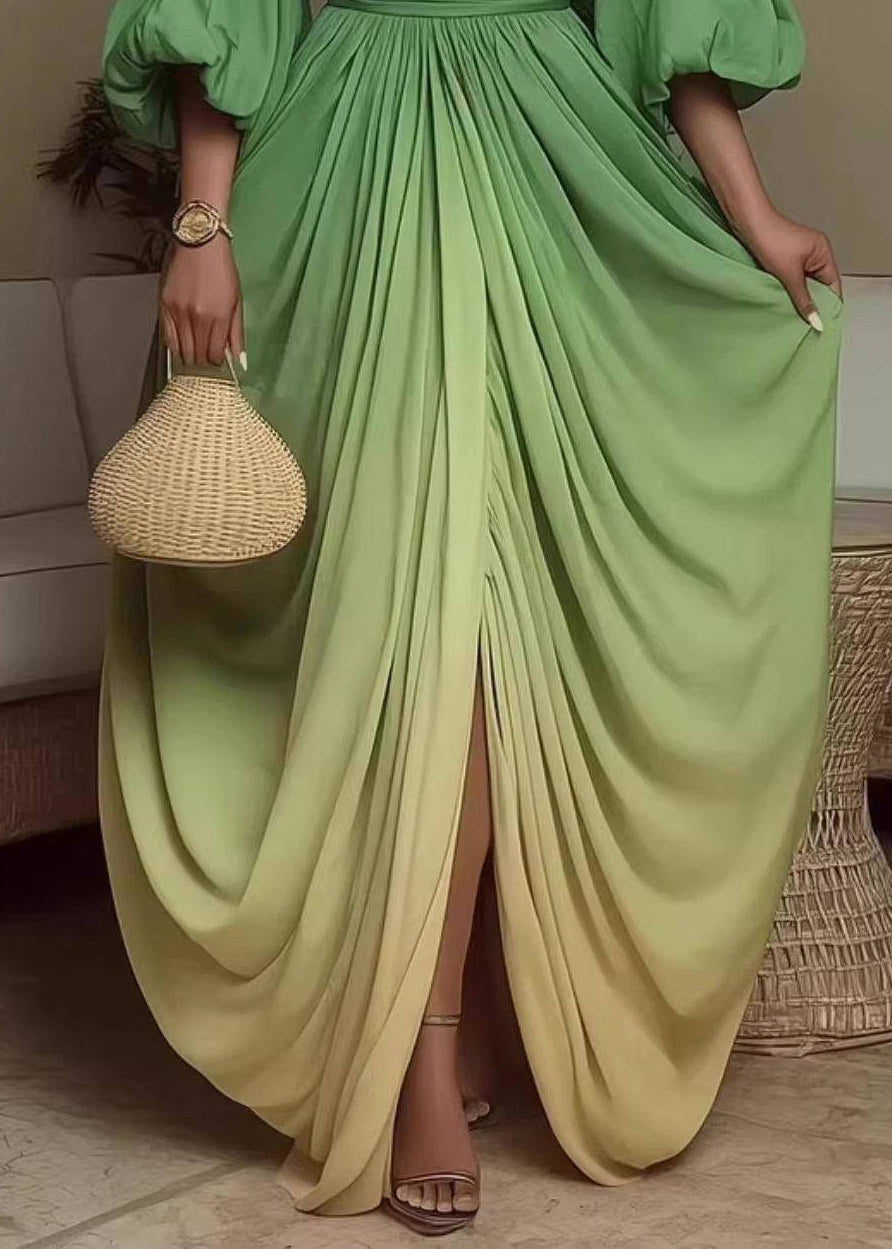 Elegant Gradient Color Green Asymmetrical Dress Puff Sleeve