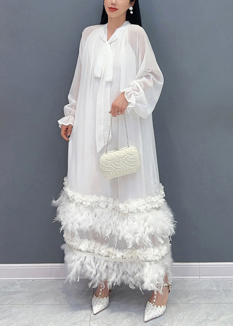 Elegant Green Bow Patchwork Floral Tassel Chiffon Long Dresses Fall