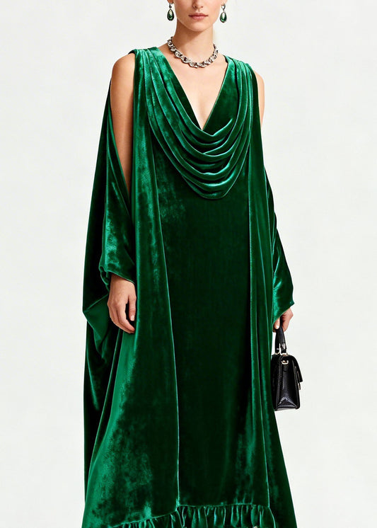 Elegant Green Draped Neckline Patchwork Velvet Dress Fall