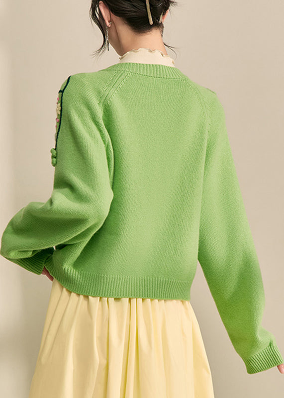 Elegant Green Embroidered Floral Button Cotton Knit Cardigans Spring