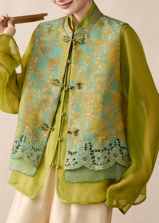 Elegant Green Embroidered Hollow Out Waistcoat Fall