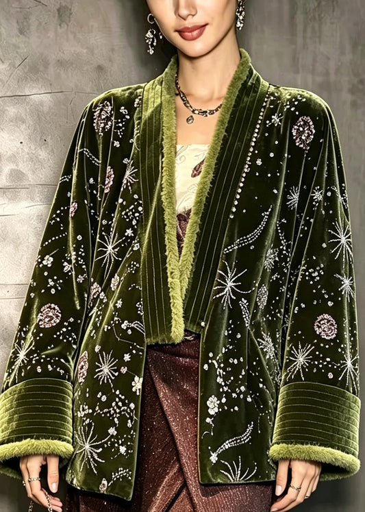 Elegant Green Embroidered Sequins Velvet Warm Fleece Coat Winter