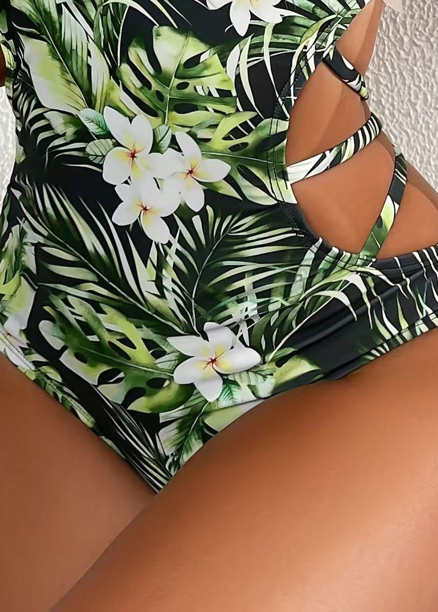 Elegant Green Halter Print Backless Swimwear Bodysuits