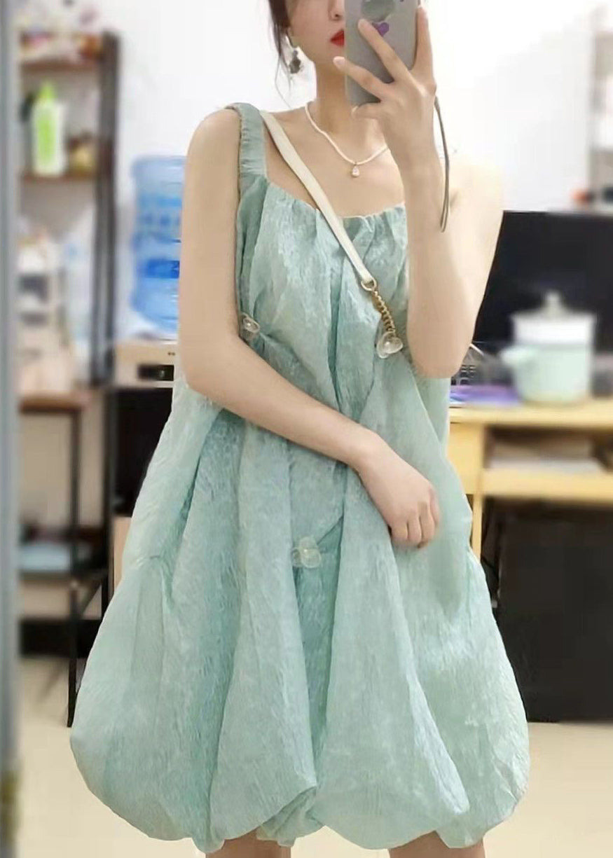 Elegant Green Square Collar Original Design Cotton Spaghetti Strap Dress Sleeveless