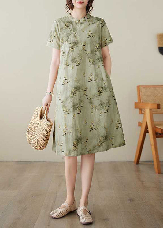 Elegant Green Stand Collar Print Button Cotton Dress Summer