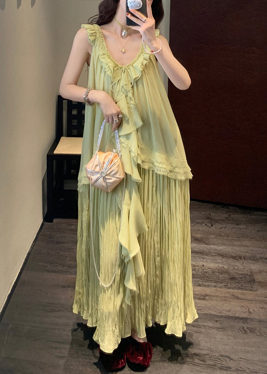 Elegant Green V Neck Lace Up Wrinkled Chiffon Long Dress Sleeveless