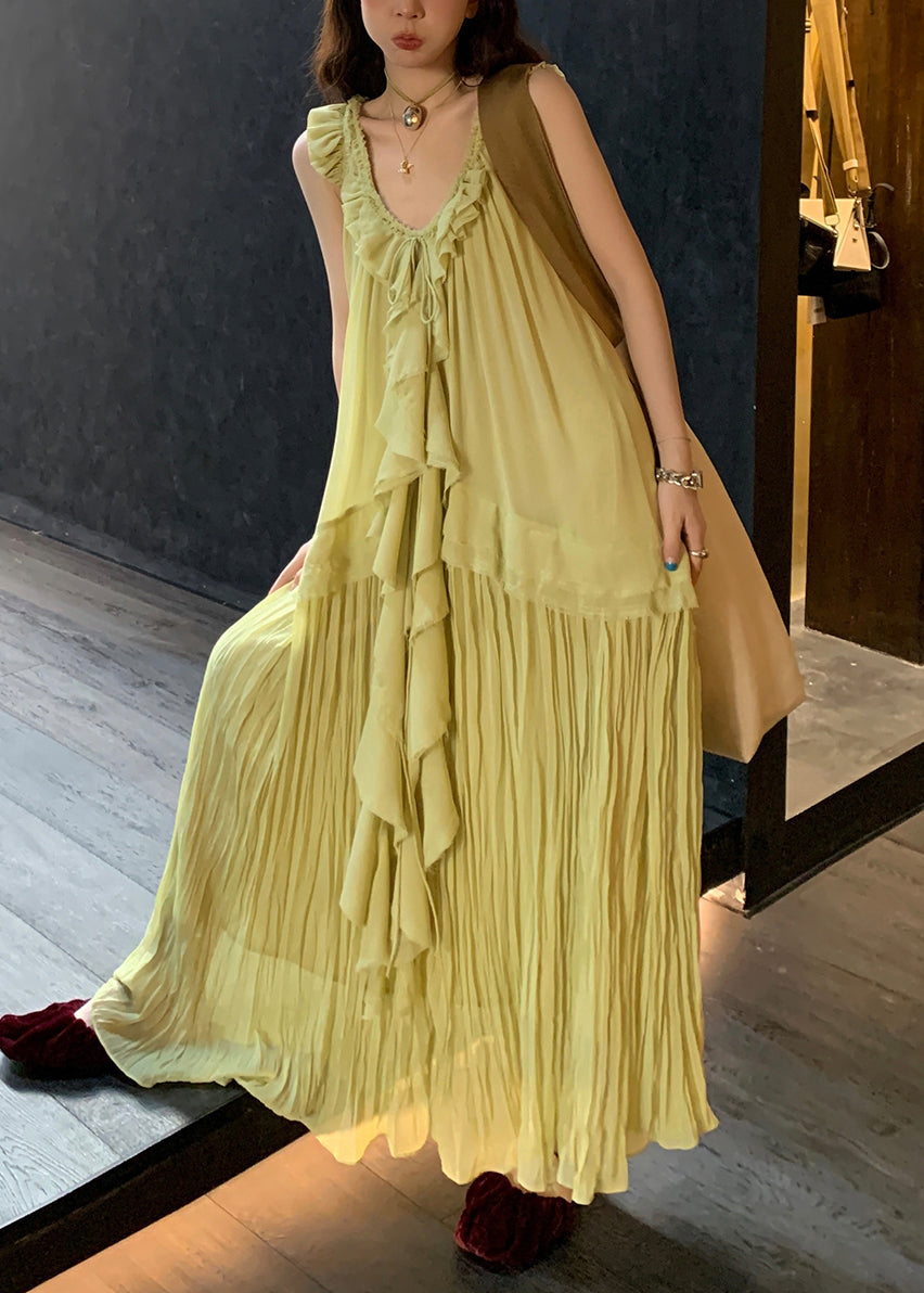 Elegant Green V Neck Lace Up Wrinkled Chiffon Long Dress Sleeveless