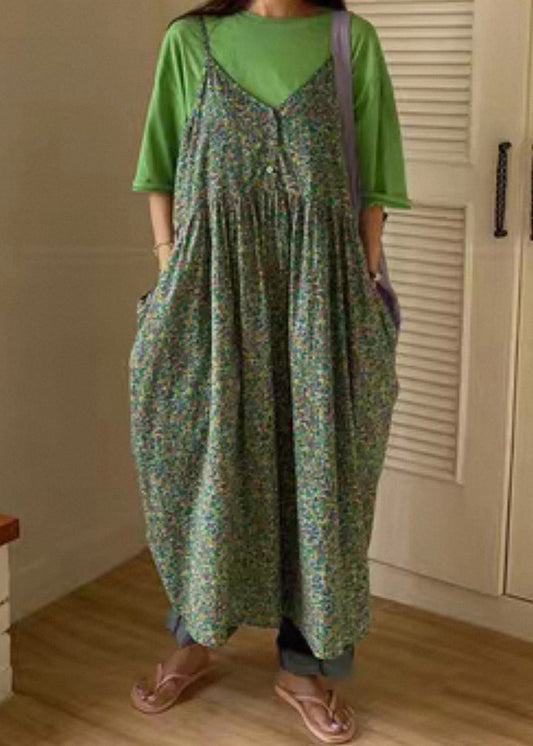 Elegant Green V Neck Print Pockets Cotton Tank Dress Sleeveless