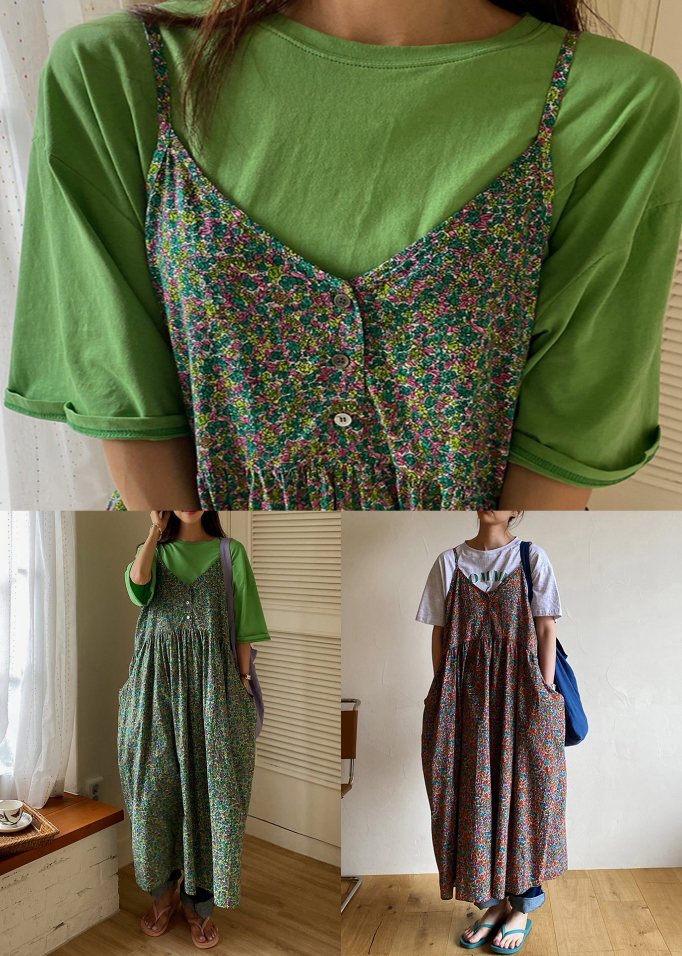 Elegant Green V Neck Print Pockets Cotton Tank Dress Sleeveless