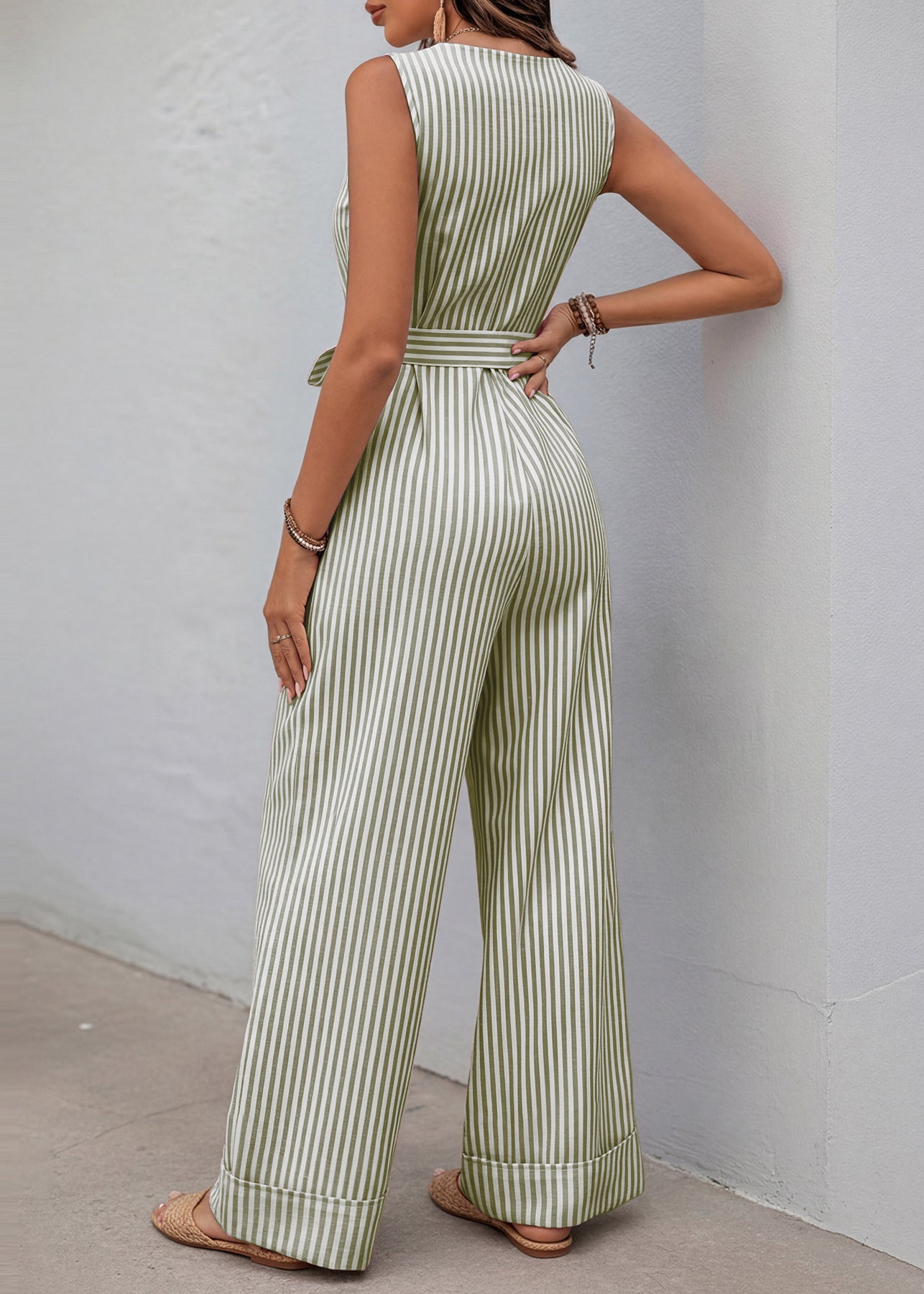 Elegant Green V Neck Striped Cotton Jumpsuit Sleeveless