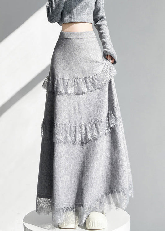 Elegant Grey Elastic Waist Lace Patchwork Knit Skirts Winter