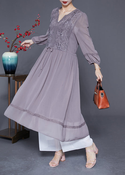 Elegant Grey Embroideried Tie Waist Silk Maxi Dresses Spring