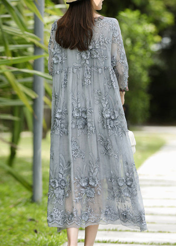 Elegant Grey O-Neck Embroidered Silk Long Dresses Bracelet Sleeve