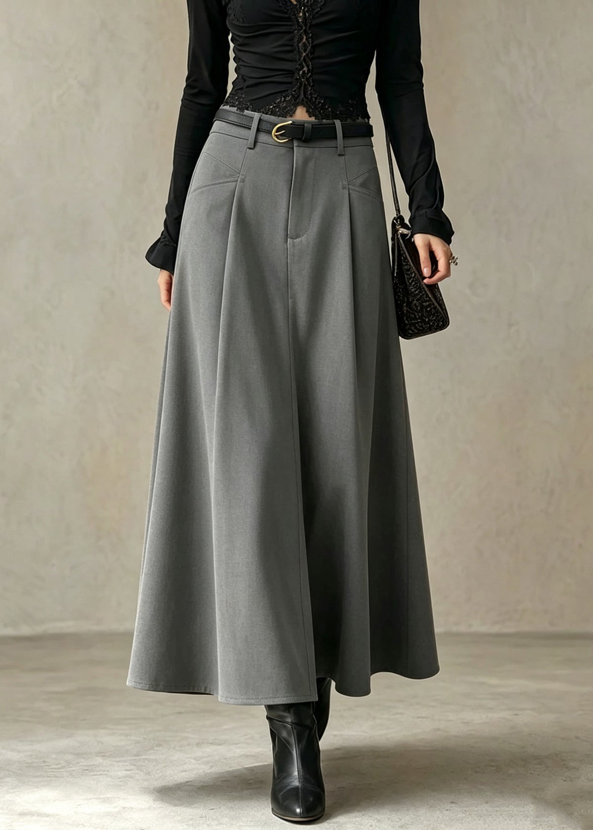 Elegant Grey Pockets Patchwork High Waist Cotton Skirt Fall