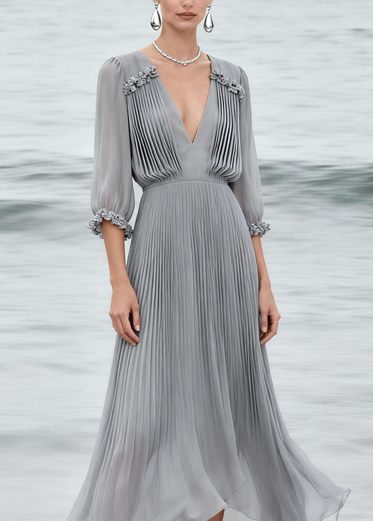 Elegant Grey V Neck Floral Wrinkled Chiffon Dress Summer