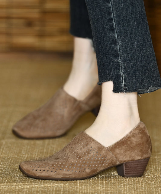 Elegant Hollow Out Splicing Chunky Heel Grey Suede
