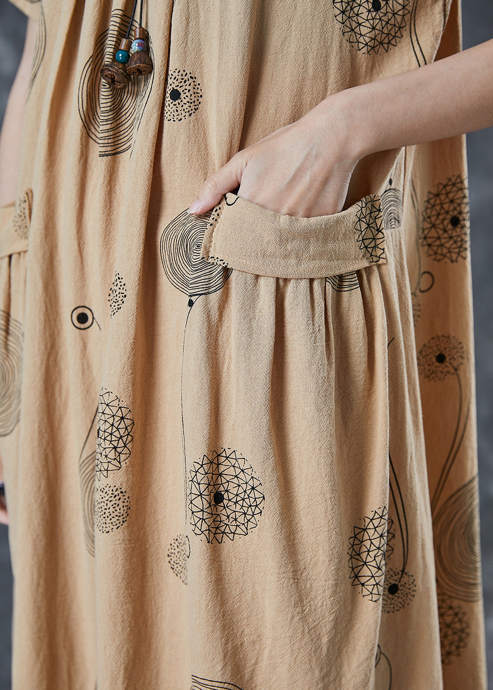Elegant Khaki Print Pockets Cotton Holiday Dress Summer