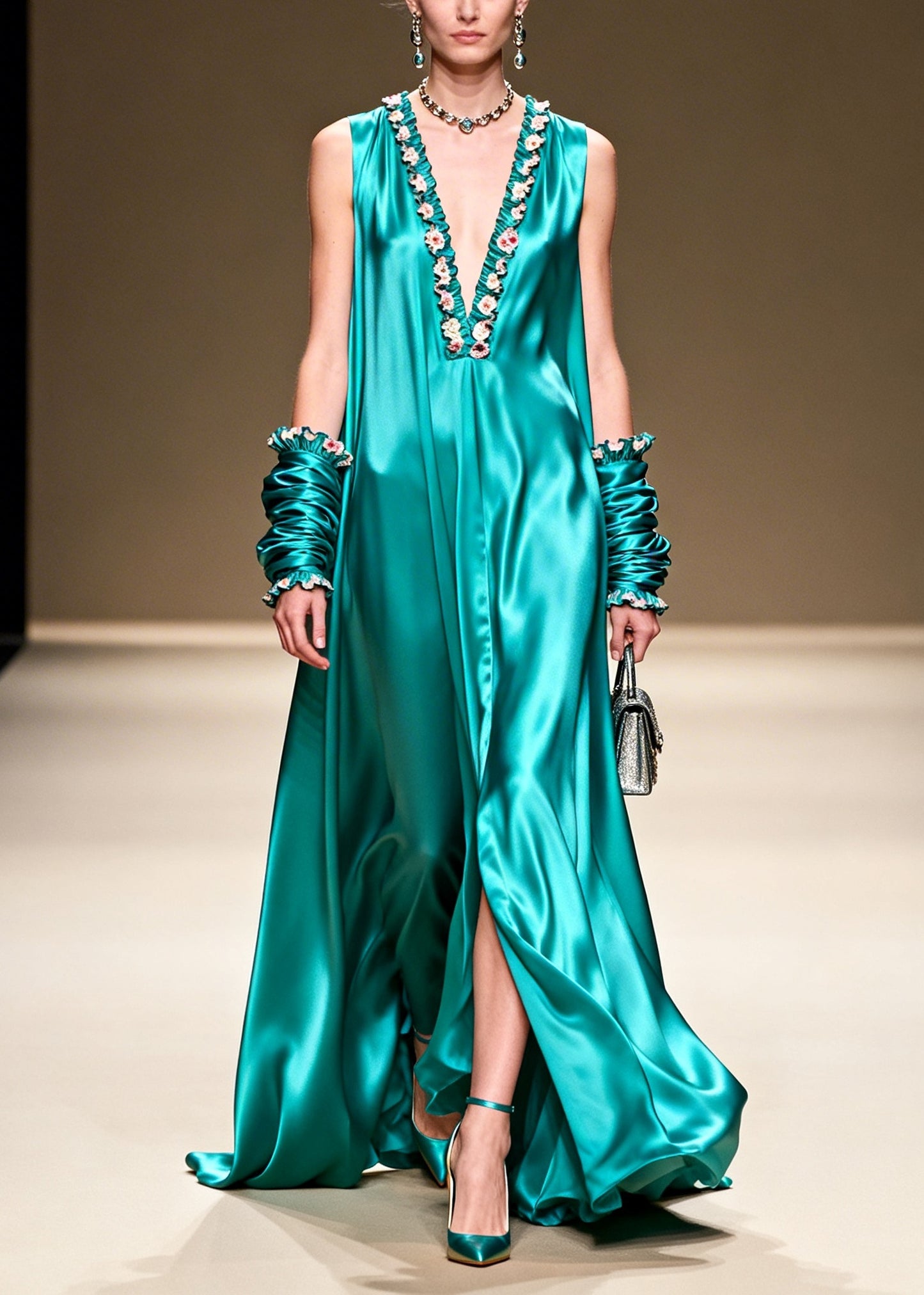 Elegant Lake Green V Neck Floral Silk Long Dresses Summer