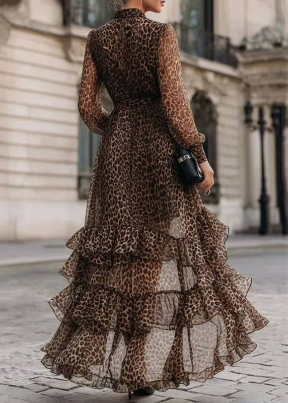 Elegant Leopard Ruffled Patchwork Asymmetrical Holiday Maxi Dress Long Sleeve