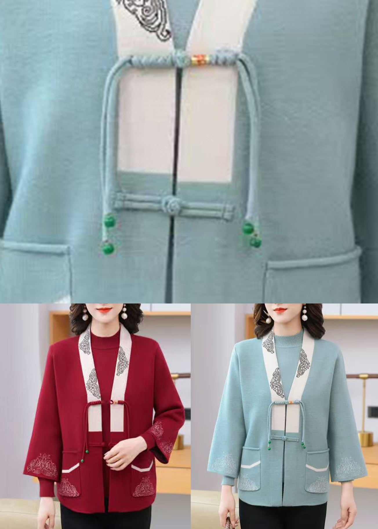 Elegant Light Blue V Neck Print Tassel Cotton Knit Cardigans And Sweaters Two Pieces Set Spring