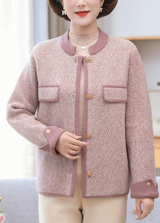 Elegant Light Purple Patchwork Mink Hair Knitted Coat Long sleeve