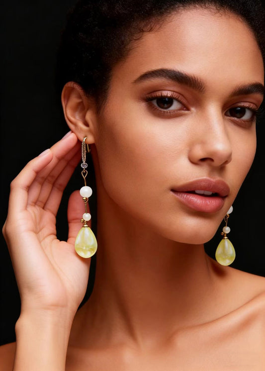 Elegant LightYellow Droplet Shape Fine Pearl Drop Earrings