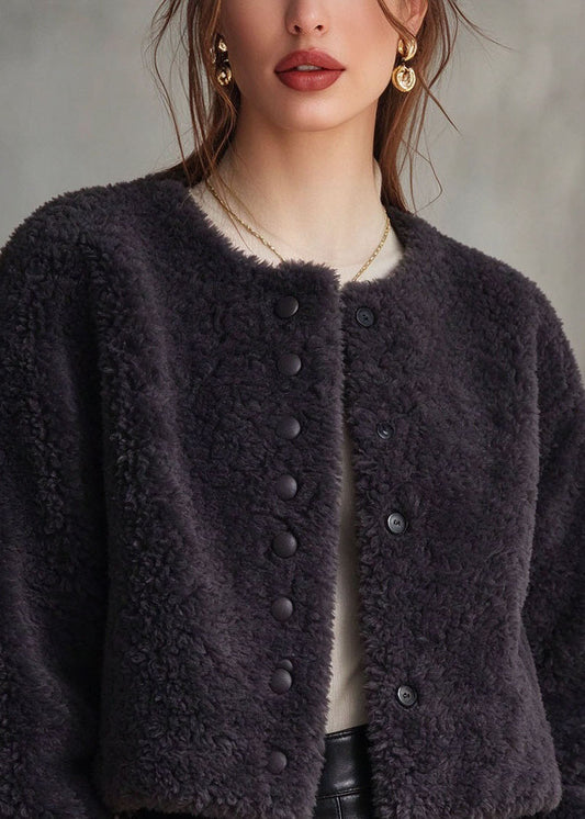 Elegant Navy Button Solid Faux Fur Coat Winter