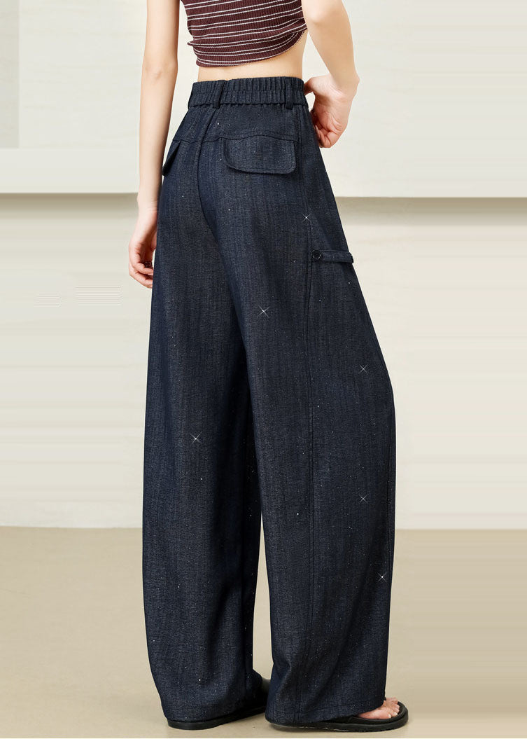 Elegant Navy Oversized Star Sequins Cotton Pants Fall