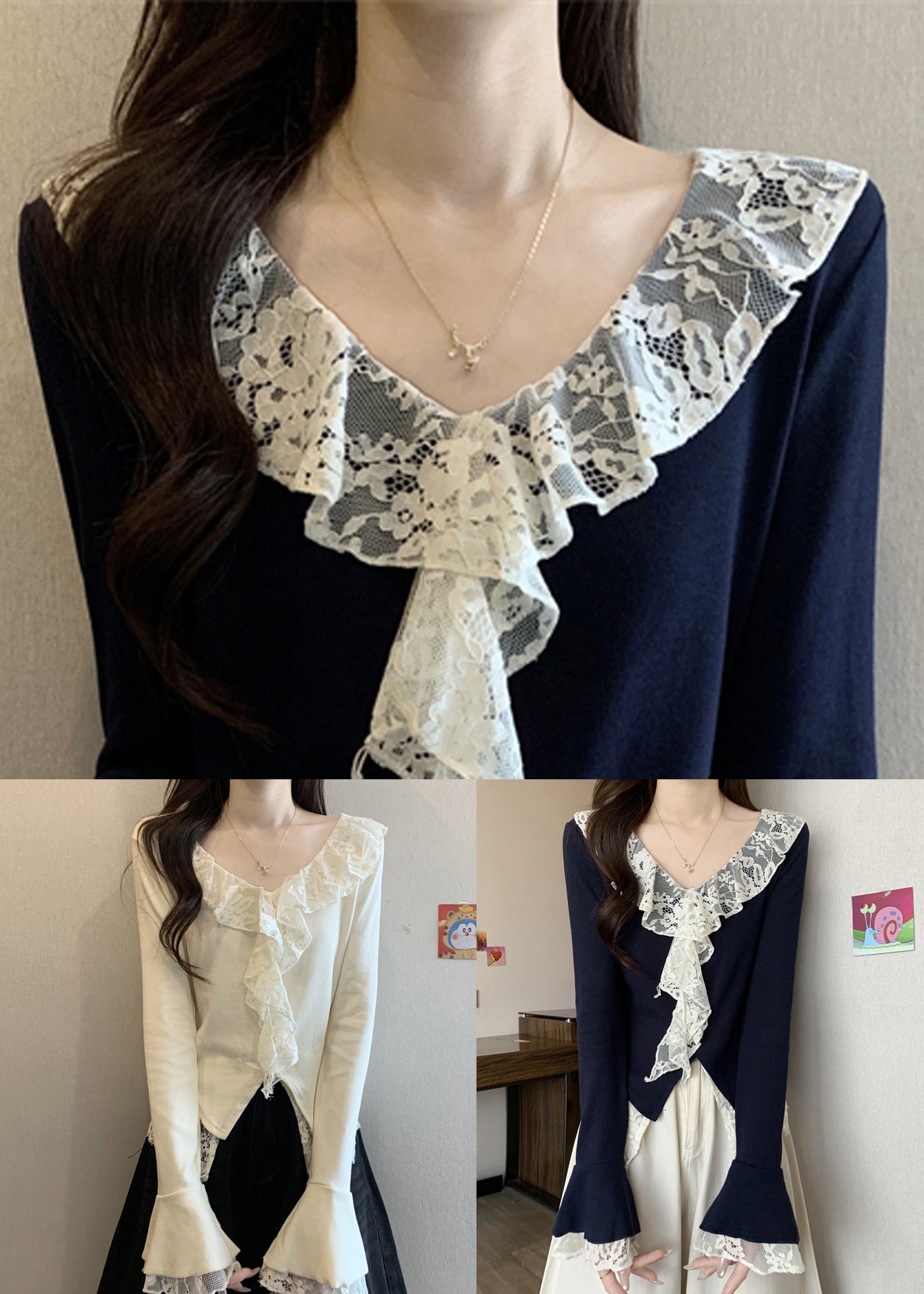Elegant Navy V Neck Lace Patchwork Cotton T Shirts Flare Sleeve