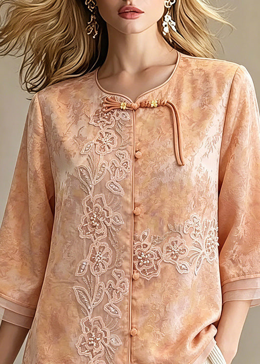 Elegant Orange Embroidered Patchwork Button Shirts Spring