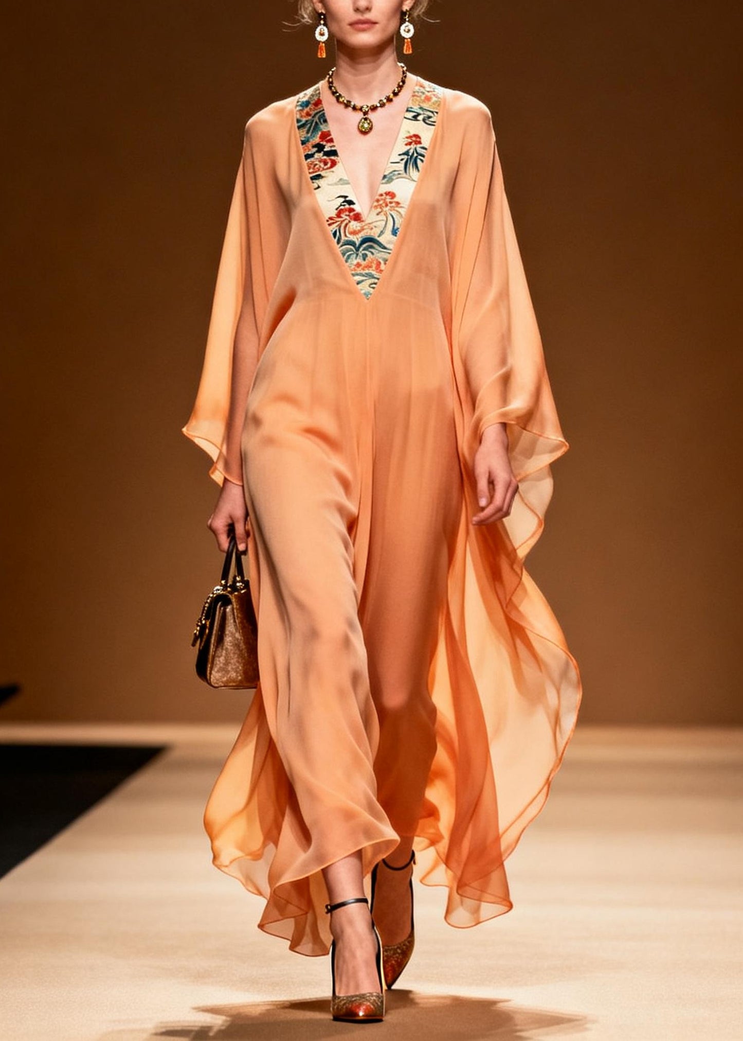 Elegant Orange V Neck Patchwork Chiffon Long Dress Summer