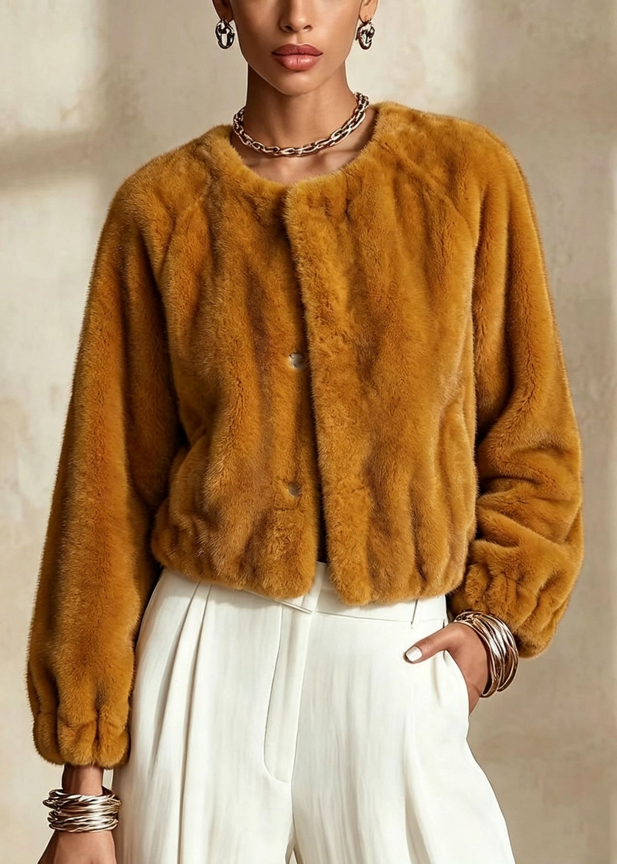 Elegant Orange Yellow O Neck Faux Fur Short Coat Winter