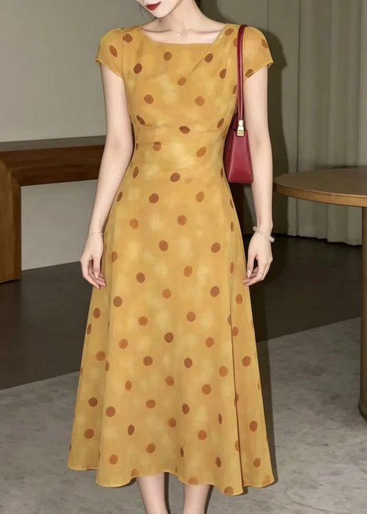 Elegant Orange Yellow Polka Dot Maxi Dress Short Sleeve