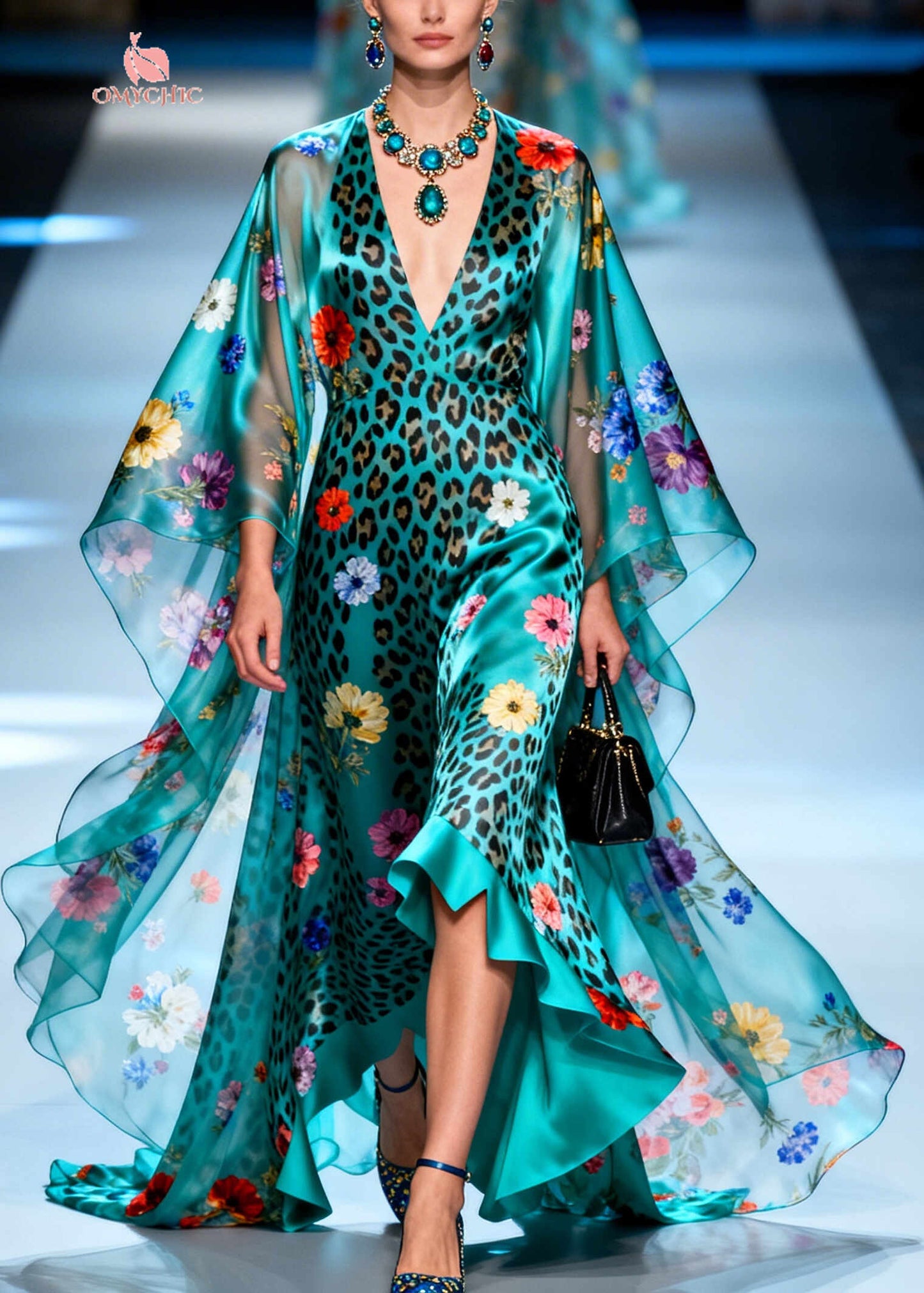 Elegant Peacock Green Print Exra Large Hem Silk Holiday Dress Summer
